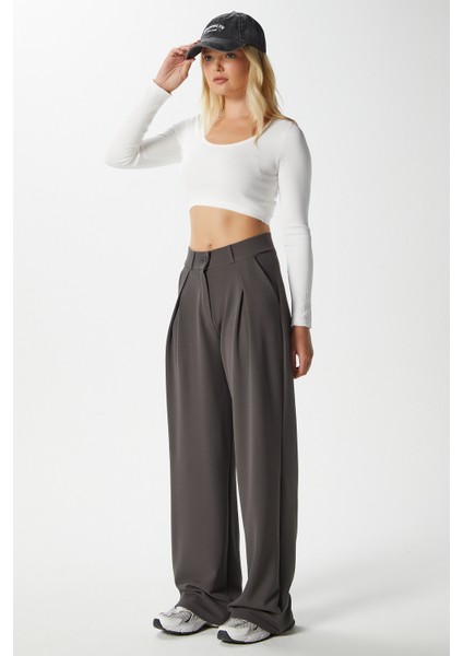 Likra Serisi Viora Açık Pile Esnek Antrasit Palazzo Pantolon