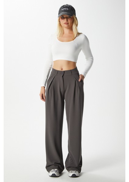 Likra Serisi Viora Açık Pile Esnek Antrasit Palazzo Pantolon fiyatları