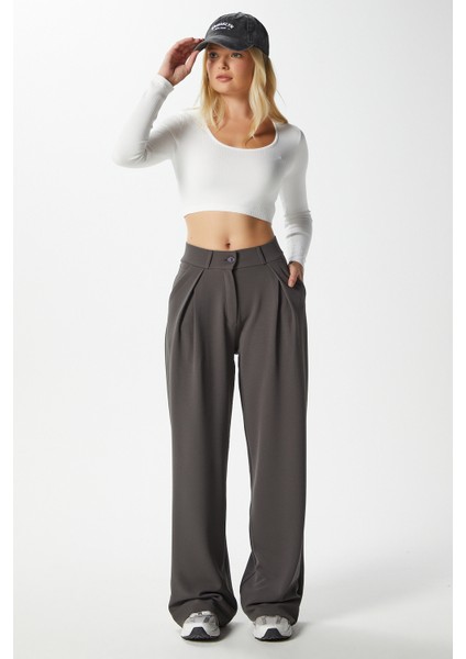 Likra Serisi Viora Açık Pile Esnek Antrasit Palazzo Pantolon indirimleri