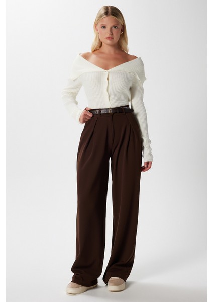 Likra Serisi Viora Açık Pile Esnek Kahverengi Palazzo Pantolon