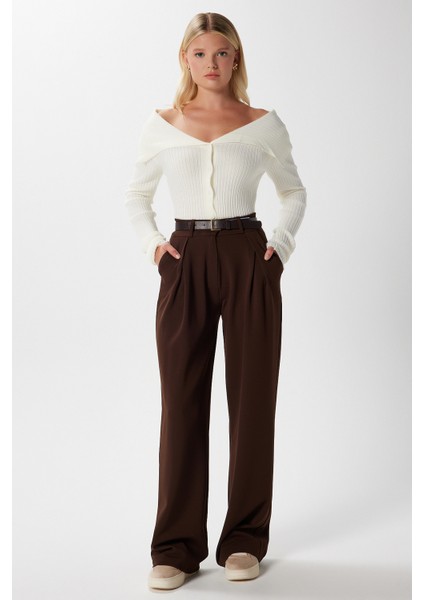 Likra Serisi Viora Açık Pile Esnek Kahverengi Palazzo Pantolon fiyatları