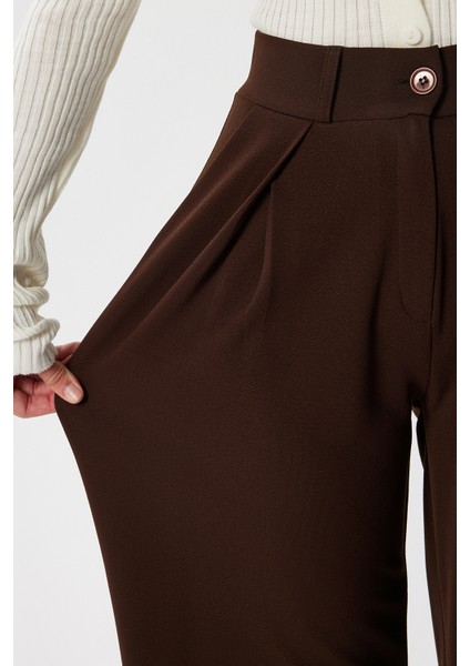 Likra Serisi Viora Açık Pile Esnek Kahverengi Palazzo Pantolon modelleri