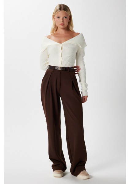 Likra Serisi Viora Açık Pile Esnek Kahverengi Palazzo Pantolon indirimleri