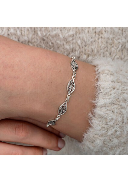 Telkari Yakut Taşlı Otantik Yaprak 925 Ayar Gümüş Bileklik