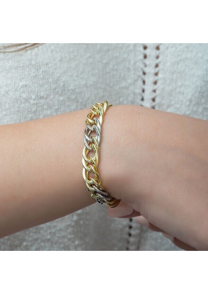 Iki Renkli Zincir Su Yolu 925 Ayar Gümüş Bileklik