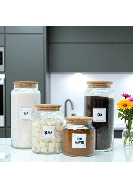 Ahşap Vakum Kapaklı Cam Tuz Çay Türk Kahvesi Şeker Saklama Kavanozu Seti Etiket Hediyeli