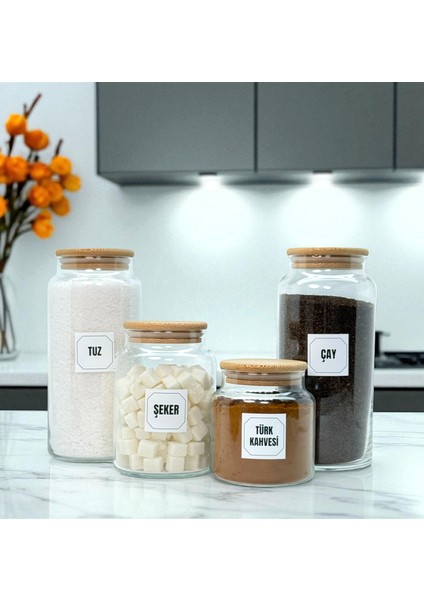 Ahşap Vakum Kapaklı Cam Tuz Çay Türk Kahvesi Şeker Saklama Kavanozu Seti Etiket Hediyeli indirimleri