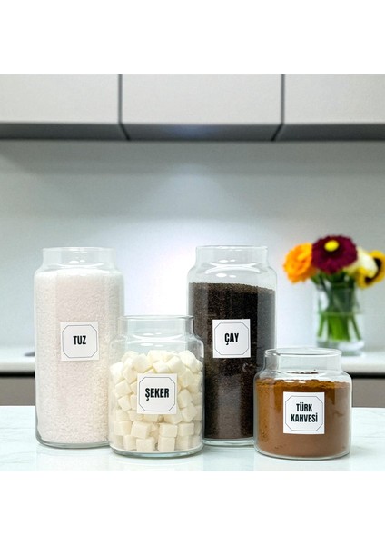 Ahşap Vakum Kapaklı Cam Tuz Çay Türk Kahvesi Şeker Saklama Kavanozu Seti Etiket Hediyeli