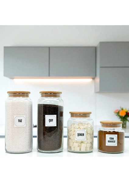 Ahşap Vakum Kapaklı Cam Tuz Çay Türk Kahvesi Şeker Saklama Kavanozu Seti Etiket Hediyeli