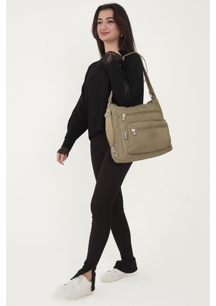 Çok Cepli Ayarlanabilir Çapraz Askılı Kadın Omuz ve Sırt Çantası Büyük Boy Günlük HV3050 Koyu Bej fırsatları