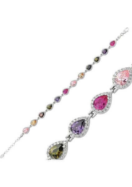 Su Yolu Renkli Zirkon Taşlı 925 Ayar Gümüş Bileklik