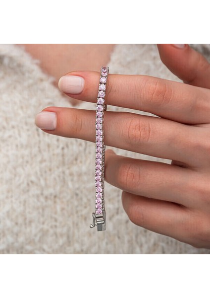 Su Yolu Zirkon Taşlı Pembe 925 Ayar Gümüş Bileklik