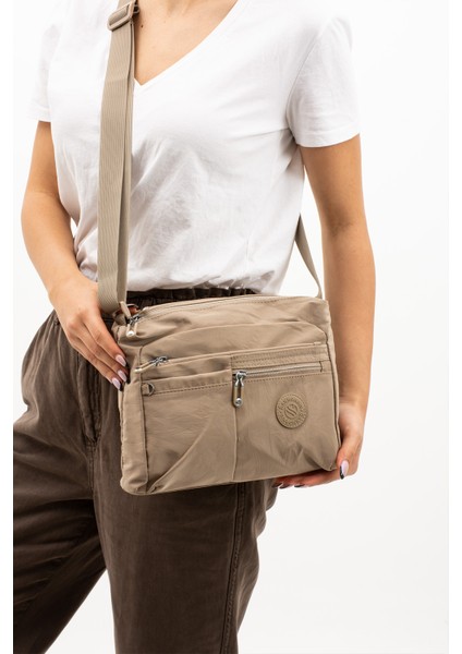 Çok Cepli Çapraz Askılı Kadın Omuz Çantası Orta Boy Günlük HV4006 Bej