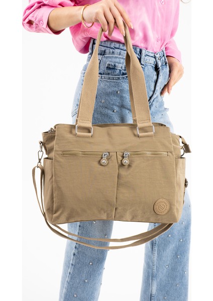 Çok Cepli Kadın Omuz Çantası Orta Boy Günlük HV3026 Koyu Bej modelleri