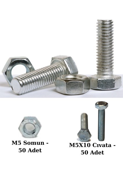 Altıgen Cıvata ve Somun Seti - 50 Adet 5X10 mm Altıgen Başlı Civata 50 Adet M5 Somun