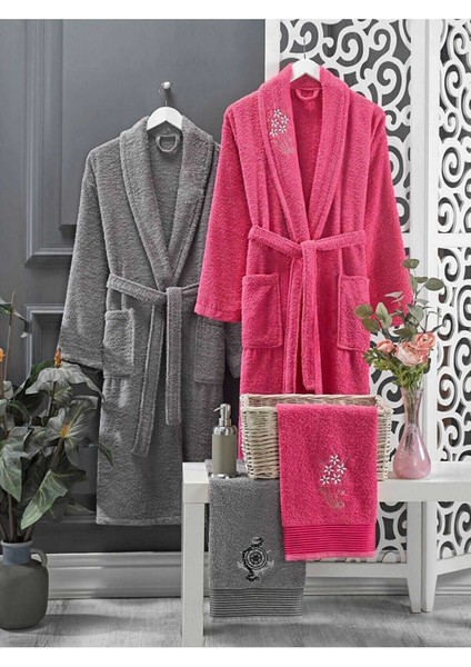 4 Parça Aile Bornoz Seti Kadın Erkek Havlulu Bornoz Takımı 100 Fuşya Gri fırsatları