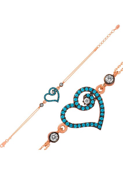 Rose Mavi Kalpli 925 Ayar Gümüş Bileklik