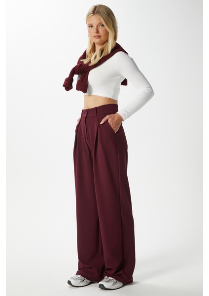 Likra Serisi Viora Açık Pile Esnek Bordo Palazzo Pantolon