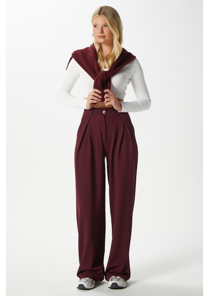 Likra Serisi Viora Açık Pile Esnek Bordo Palazzo Pantolon indirimleri