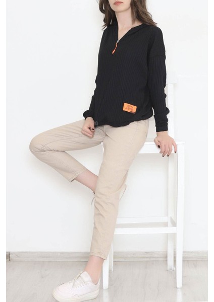 Kapşonlu Stoperli Fitilli Bluz Siyah - 12184.1567.