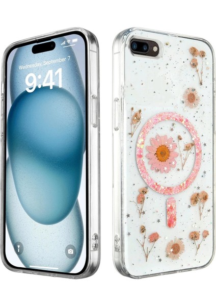 Apple iPhone 7 Plus Bloom Daisy Magsafe Kılıf – Elegant Papatya Desenli, Işıltılı Premium Kapak - Pembe