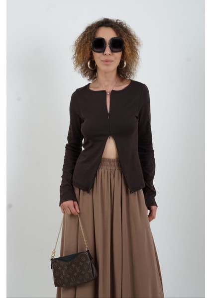 Koyu Kahve Fermuar Detaylı Uzun Kollu Bluz