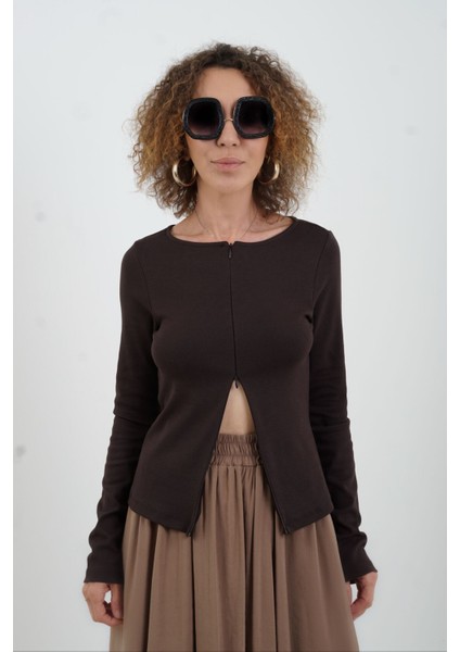Koyu Kahve Fermuar Detaylı Uzun Kollu Bluz modelleri