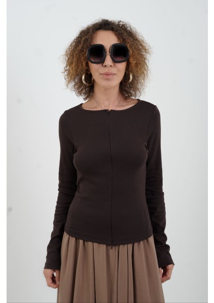 Koyu Kahve Fermuar Detaylı Uzun Kollu Bluz indirimleri