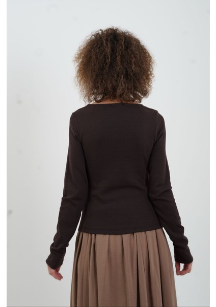 Koyu Kahve Fermuar Detaylı Uzun Kollu Bluz