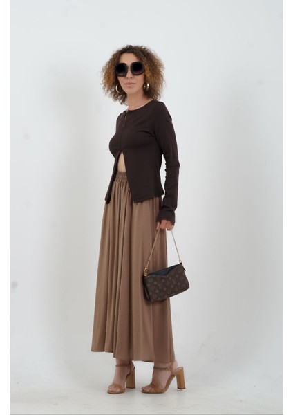 Koyu Kahve Fermuar Detaylı Uzun Kollu Bluz