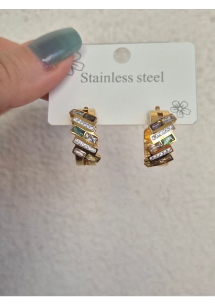 Halka Çelik Küpe Zirkon Taşlı Parlak Gold indirimleri