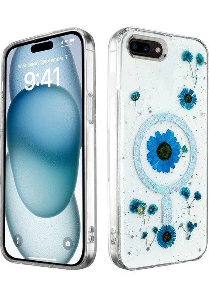 Apple iPhone 7 Bloom Daisy Magsafe Kılıf – Elegant Papatya Desenli, Işıltılı Premium Kapak - Mavi