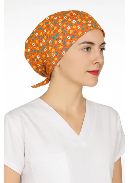 Turuncu Mini Çiçek Desenli Doktor Hemşire Aşçı Bonesi Unisex Cerrahi Bone modelleri