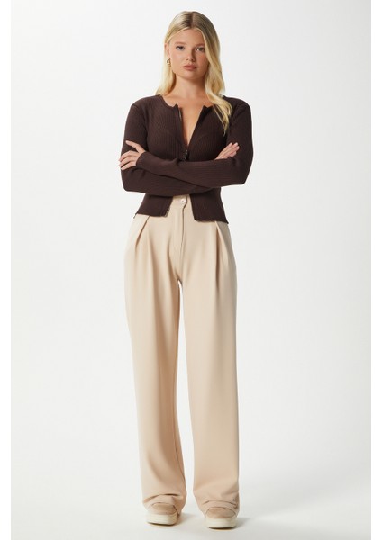 Likra Serisi Viora Açık Pile Esnek Açık Bej Palazzo Pantolon