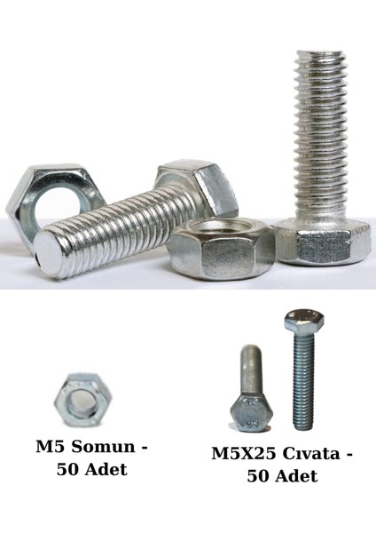 Altıgen Cıvata ve Somun Seti - 50 Adet 5X20 mm Altıgen Başlı Civata 50 Adet M5 Somun