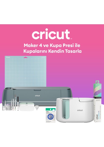 Maker 4 Kesme Makinesi ve Kupa Presi ile Kupalarını Kendin Tasarla Paketi (Makine + Kupa Presi + Transfer Kağıdı + Isıya Dayanıklı Bant + Alet Seti + Kazıyıcı)