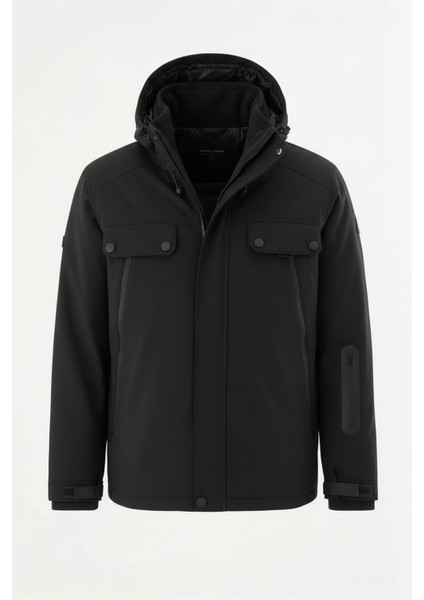 Erkek Siyah Outdoor Su Itici Kapüşonlu Kaban – Rüzgar Geçirmez, Hafif ve Dayanıklı