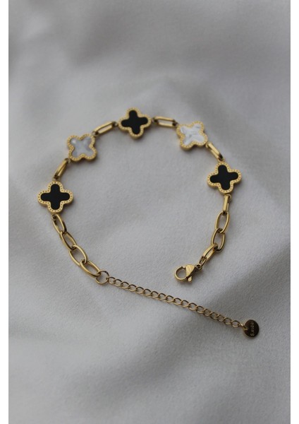 Çelik Yonca Model Siyah Beyaz Bileklik