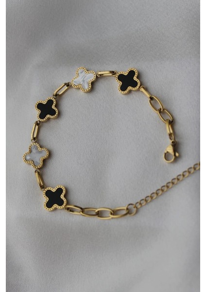 Çelik Yonca Model Siyah Beyaz Bileklik indirimleri