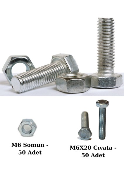 Altıgen Cıvata ve Somun Seti - 50 Adet 6X20 mm Altıgen Başlı Civata 50 Adet M6 Somun