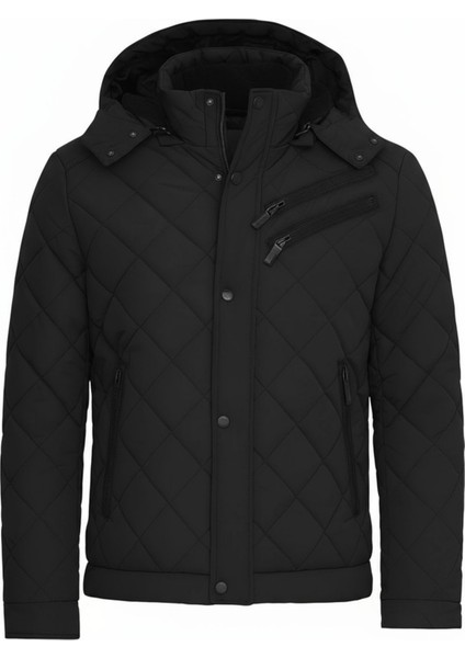 Erkek Siyah Outdoor Su Itici Kapüşonlu Kaban – Rüzgar Geçirmez, Hafif ve dayanıklı Kapitone Mont&kaban