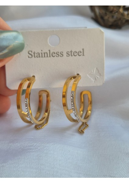 Halka Zincirli Taşlı Şık Çelik Küpe Gold