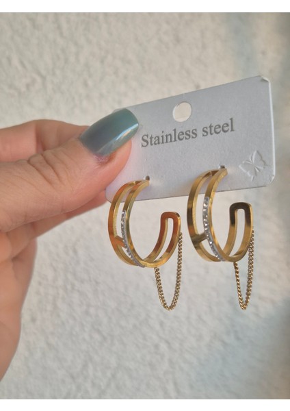 Halka Zincirli Taşlı Şık Çelik Küpe Gold fiyatları