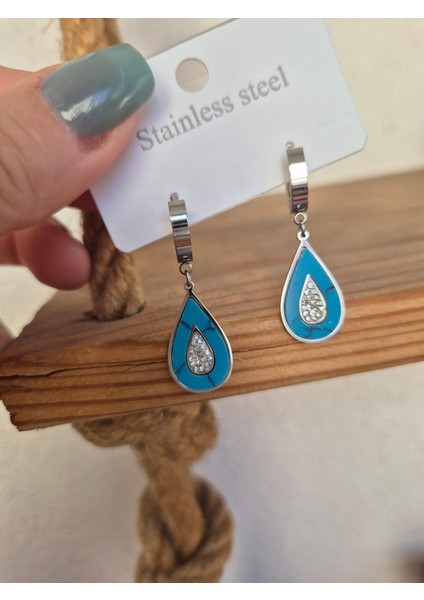 Damla Çelik Küpe Zirkon Taşlı Mavi Doğal Taş Gümüş Renk fiyatları