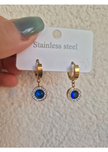 Zirkon Küpe Parlament Mavi Çeliktir Gold Yuvarlak Taşlı