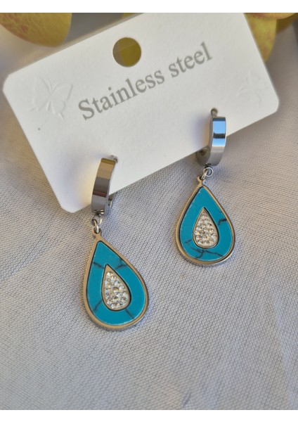 Damla Çelik Küpe Zirkon Taşlı Mavi Doğal Taş Gümüş Renk modelleri