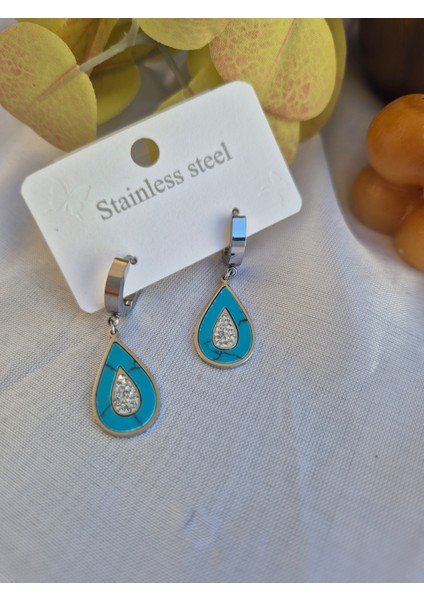 Damla Çelik Küpe Zirkon Taşlı Mavi Doğal Taş Gümüş Renk