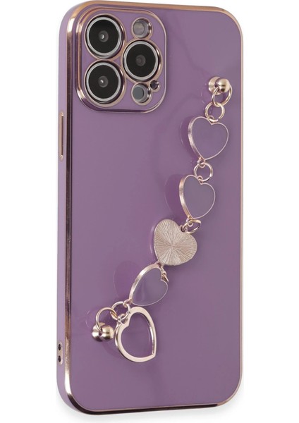 Apple iPhone 14 Pro Max Elegant Charm Case (Kalpli Zincirli Kılıf) Elegant Silicone Cover - Mor modelleri