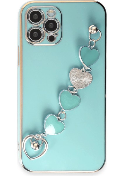 Apple iPhone 12 Pro Max Elegant Charm Case (Kalpli Zincirli Kılıf) Elegant Silicone Cover - Su Yeşili