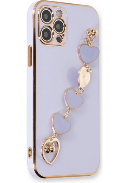 Apple iPhone 12 Pro Elegant Charm Case (Kalpli Zincirli Kılıf) Elegant Silicone Cover - Lila